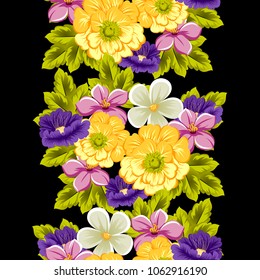 abstract seamless pattern of flowers on black background. For your fabric, garment design. Cards, invitations and greeting cards for birthday, Valentine's day, wedding, party. Vector illustration.
