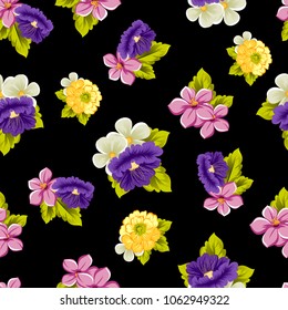 abstract seamless pattern of flowers on black background. For your fabric, garment design. Cards, invitations and greeting cards for birthday, Valentine's day, wedding, party. Vector illustration.