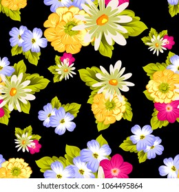 abstract seamless pattern of flowers on black background. For fabric design, printed materials and much more for wedding, birthday, celebration. Vector illustration.