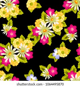 abstract seamless pattern of flowers on black background. For fabric design, printed materials and much more for wedding, birthday, celebration. Vector illustration.