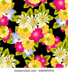 abstract seamless pattern of flowers on black background. For fabric design, printed materials and much more for wedding, birthday, celebration. Vector illustration.