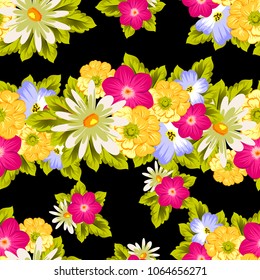 abstract seamless pattern of flowers on black background. For fabric design, printed materials and much more for wedding, birthday, celebration. Vector illustration.