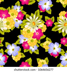 abstract seamless pattern of flowers on black background. For fabric design, printed materials and much more for wedding, birthday, celebration. Vector illustration.