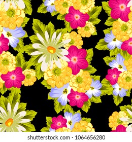 abstract seamless pattern of flowers on black background. For fabric design, printed materials and much more for wedding, birthday, celebration. Vector illustration.