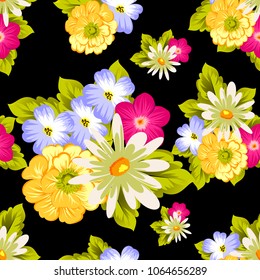 abstract seamless pattern of flowers on black background. For fabric design, printed materials and much more for wedding, birthday, celebration. Vector illustration.