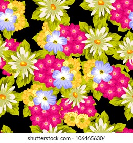 abstract seamless pattern of flowers on black background. For fabric design, printed materials and much more for wedding, birthday, celebration. Vector illustration.