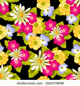 abstract seamless pattern of flowers on black background. For fabric design, printed materials and much more for wedding, birthday, celebration. Vector illustration.
