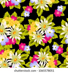 abstract seamless pattern of flowers on black background. For fabric design, printed materials and much more for wedding, birthday, celebration. Vector illustration.