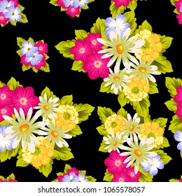 abstract seamless pattern of flowers on black background. For fabric design, printed materials and much more for wedding, birthday, celebration. Vector illustration.