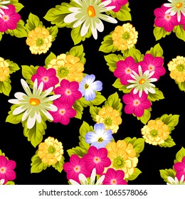 abstract seamless pattern of flowers on black background. For fabric design, printed materials and much more for wedding, birthday, celebration. Vector illustration.