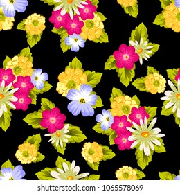 abstract seamless pattern of flowers on black background. For fabric design, printed materials and much more for wedding, birthday, celebration. Vector illustration.