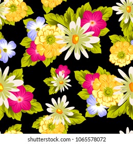 abstract seamless pattern of flowers on black background. For fabric design, printed materials and much more for wedding, birthday, celebration. Vector illustration.
