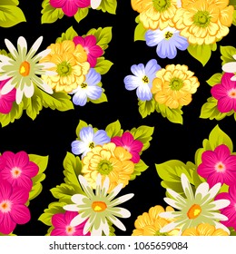 abstract seamless pattern of flowers on black background. For fabric design, printed materials and much more for wedding, birthday, celebration. Vector illustration.