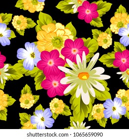 abstract seamless pattern of flowers on black background. For fabric design, printed materials and much more for wedding, birthday, celebration. Vector illustration.