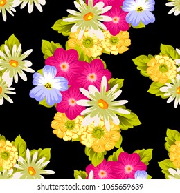 abstract seamless pattern of flowers on black background. For fabric design, printed materials and much more for wedding, birthday, celebration. Vector illustration.