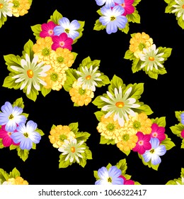 abstract seamless pattern of flowers on black background. For fabric design, printed materials and much more for wedding, birthday, celebration. Vector illustration.