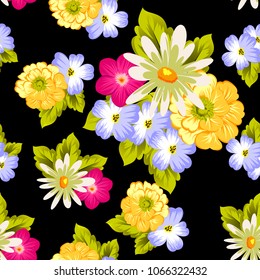 abstract seamless pattern of flowers on black background. For fabric design, printed materials and much more for wedding, birthday, celebration. Vector illustration.