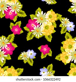 abstract seamless pattern of flowers on black background. For fabric design, printed materials and much more for wedding, birthday, celebration. Vector illustration.