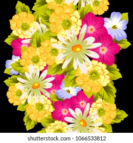 abstract seamless pattern of flowers on black background. For fabric design, printed materials and much more for wedding, birthday, celebration. Vector illustration.