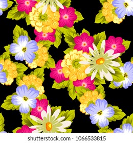 abstract seamless pattern of flowers on black background. For fabric design, printed materials and much more for wedding, birthday, celebration. Vector illustration.