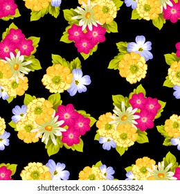 abstract seamless pattern of flowers on black background. For fabric design, printed materials and much more for wedding, birthday, celebration. Vector illustration.