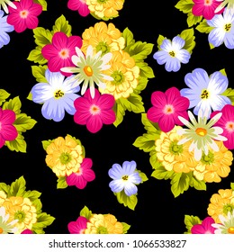 abstract seamless pattern of flowers on black background. For fabric design, printed materials and much more for wedding, birthday, celebration. Vector illustration.