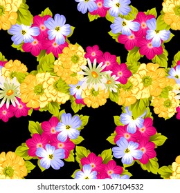abstract seamless pattern of flowers on black background. For fabric design, printed materials and much more for wedding, birthday, celebration. Vector illustration.