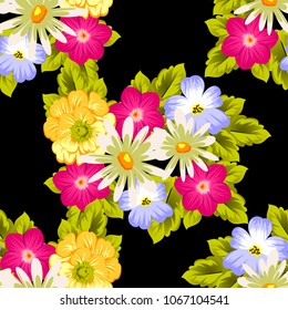 abstract seamless pattern of flowers on black background. For fabric design, printed materials and much more for wedding, birthday, celebration. Vector illustration.