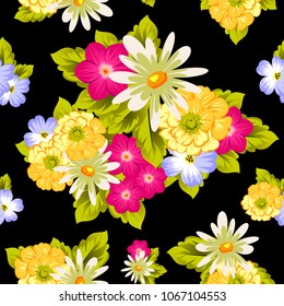 abstract seamless pattern of flowers on black background. For fabric design, printed materials and much more for wedding, birthday, celebration. Vector illustration.