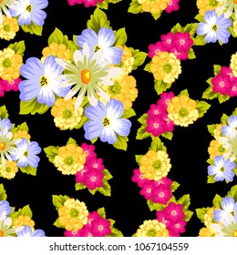 abstract seamless pattern of flowers on black background. For fabric design, printed materials and much more for wedding, birthday, celebration. Vector illustration.