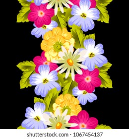 abstract seamless pattern of flowers on black background. For fabric design, printed materials and much more for wedding, birthday, celebration. Vector illustration.