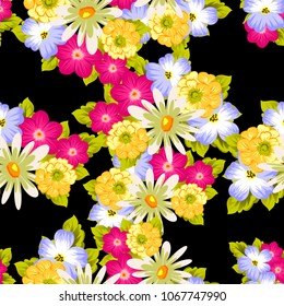 abstract seamless pattern of flowers on black background. For fabric design, printed materials and much more for wedding, birthday, celebration. Vector illustration.