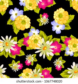 abstract seamless pattern of flowers on black background. For fabric design, printed materials and much more for wedding, birthday, celebration. Vector illustration.