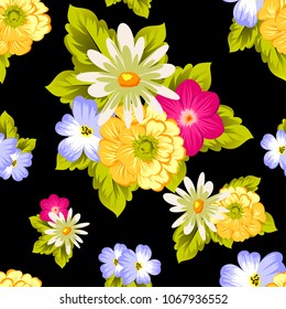 abstract seamless pattern of flowers on black background. For fabric design, printed materials and much more for wedding, birthday, celebration. Vector illustration.