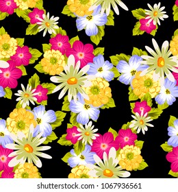 abstract seamless pattern of flowers on black background. For fabric design, printed materials and much more for wedding, birthday, celebration. Vector illustration.
