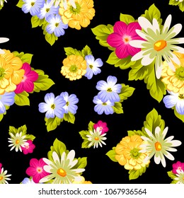 abstract seamless pattern of flowers on black background. For fabric design, printed materials and much more for wedding, birthday, celebration. Vector illustration.