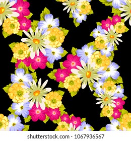 abstract seamless pattern of flowers on black background. For fabric design, printed materials and much more for wedding, birthday, celebration. Vector illustration.