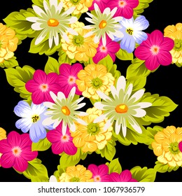 abstract seamless pattern of flowers on black background. For fabric design, printed materials and much more for wedding, birthday, celebration. Vector illustration.