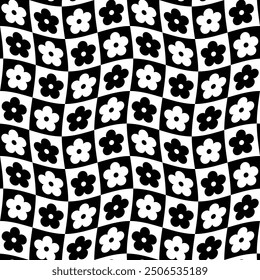 Abstract seamless pattern with flowers. Retro checkered background. Vector texture for print, textile, fabric. Black and white.