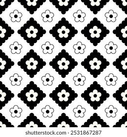 Abstract seamless pattern with flowers. Retro checkered background. Vector texture for print, textile, fabric. Black and white.