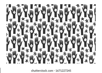 Abstract seamless pattern of flowers, stars and hands on white background. Background for poster or cover. Figure for textiles.