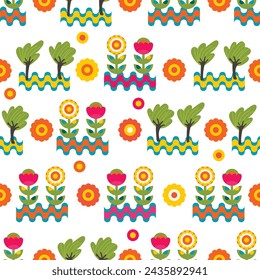 Abstract  seamless pattern with flowers and trees.Spring summer background with colorful geometric shapes.Circles and wavy lines.Print on fabric and paper.Endless wallpaper,cover,nursery wall decor.