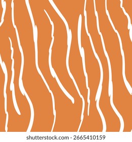 Abstract seamless pattern with flowing orange and white stripes, resembling both wild tiger fur and sweet caramel drips. Perfect for fashion, textile prints, dessert packaging