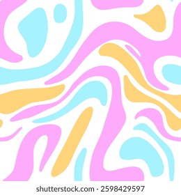 Abstract seamless pattern with fluid pastel shapes in pink, blue, and yellow, retro and psychedelic designs