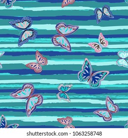 Abstract seamless pattern with flying butterflies on a background of colored stripes. The quadrangular texture of the summer. Vector illustration. Suitable for fabric, wallpaper, packaging.