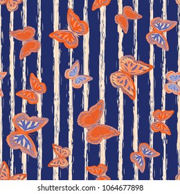 Abstract seamless pattern with flying butterflies on a background of colored stripes. The quadrangular texture of the summer. Vector illustration. Suitable for fabric, wallpaper, packaging.