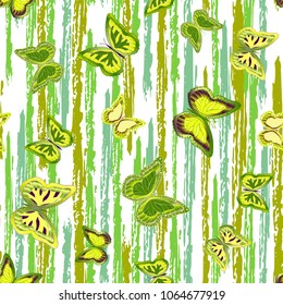 Abstract seamless pattern with flying butterflies on a background of colored stripes. The quadrangular texture of the summer. Vector illustration. Suitable for fabric, wallpaper, packaging.