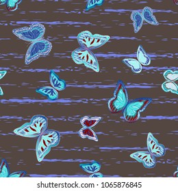 Abstract seamless pattern with flying butterflies on a background of colored stripes. The quadrangular texture of the summer. Vector illustration. Suitable for fabric, wallpaper, packaging.