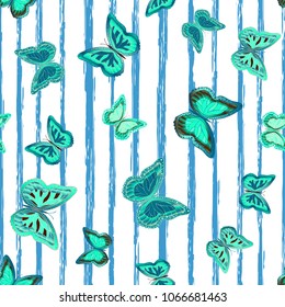Abstract seamless pattern with flying butterflies on a background of colored stripes. The quadrangular texture of the summer. Vector illustration. Suitable for fabric, wallpaper, packaging.