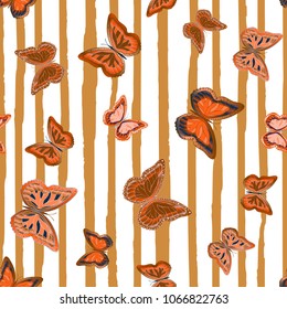 Abstract seamless pattern with flying butterflies on a background of colored stripes. The quadrangular texture of the summer. Vector illustration. Suitable for fabric, wallpaper, packaging.